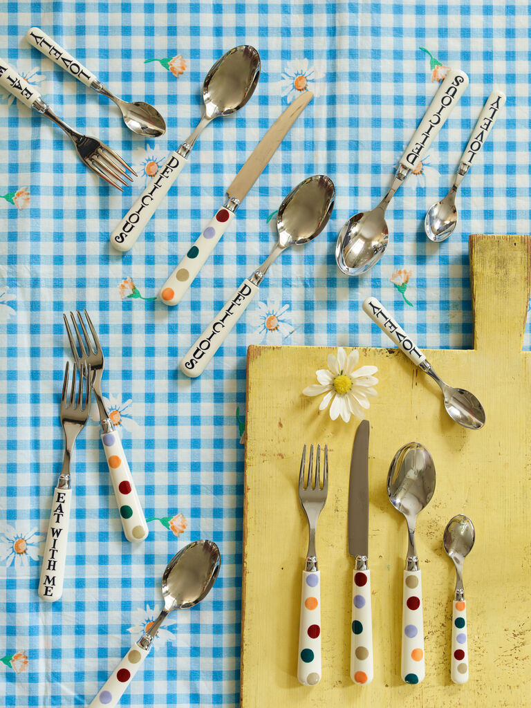 Emma Bridgewater bright and unique Cutlery - stainless steal spoon, fork, knife, and teaspoon sets with melamine handles designed with blue stars. Mix and match or gift a whole set to someone.