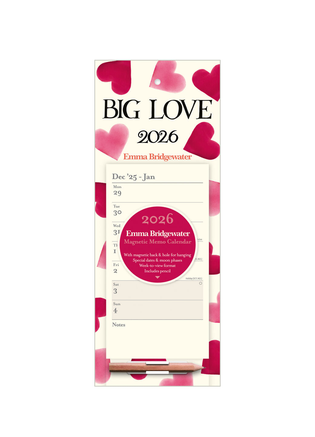 Big Pink Hearts Big Love Magnetic Wall Calendar 2026