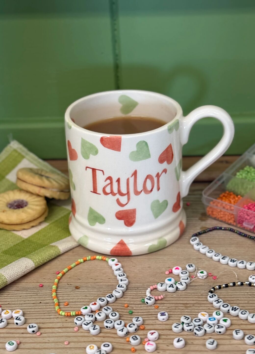 Personalised Orange & Green Hearts 1/2 Pint Mug
