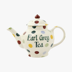 Personalised Polka Dot 2 Mug Teapot with colourful polka dots. With green coloured word personalisation. This 2 cup teapot is made with English earthenware. 