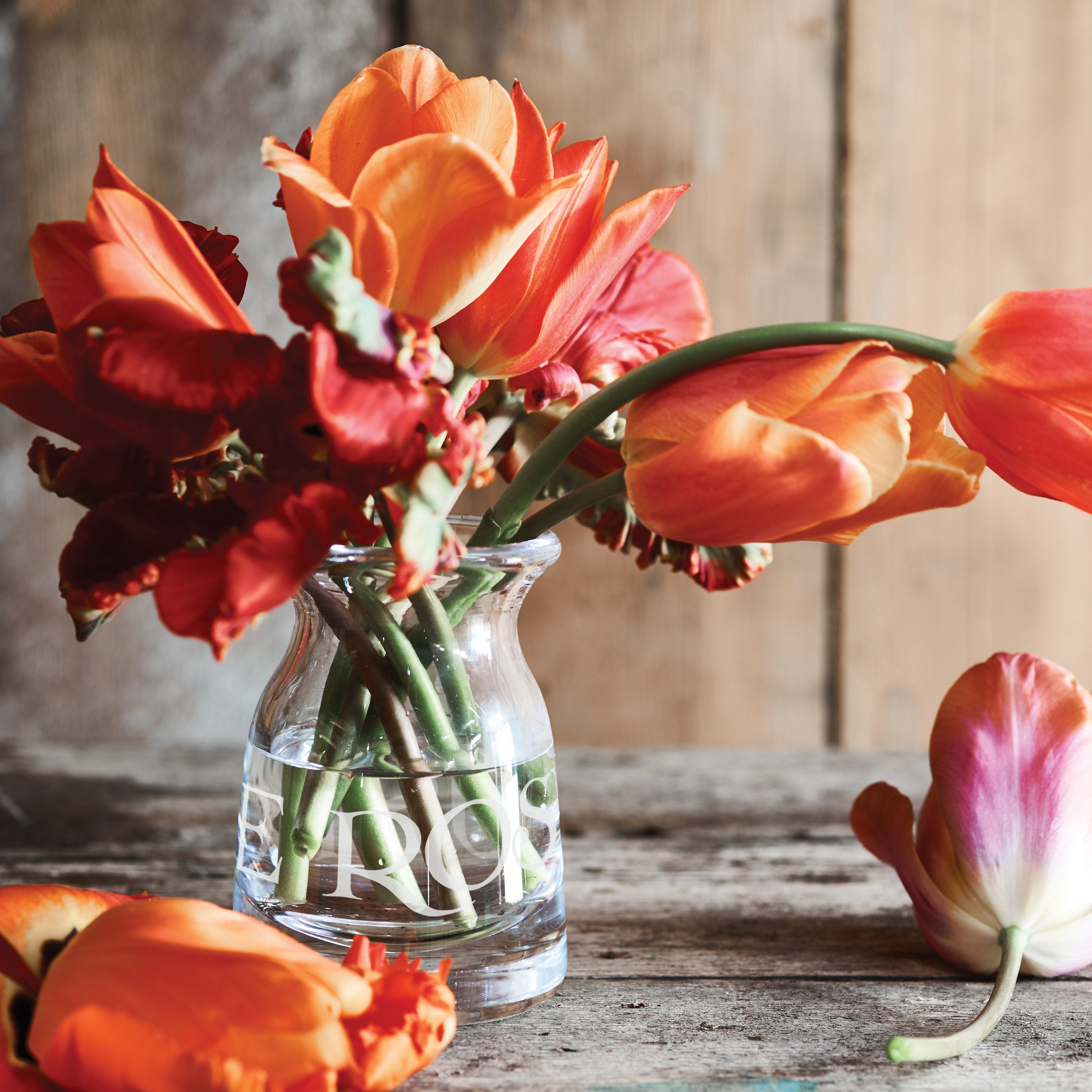 Emma Bridgewater Glass Vase -  smooth hand-blown glass with the text 'roses & pansies' made for fresh cut flowers for a table centre-piece