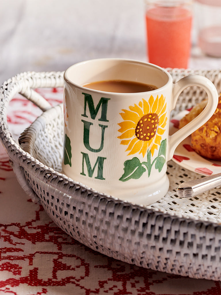 Gift ideas for Mum. Breakfast in bed set by Emma Bridgewater - personalised, decorative ceramic mugs that spells 'MOTHER'S DAY EVERYDAY' and 'Mummy', a ceramic plate & teapot and a wooden, vintage style serving tray.
