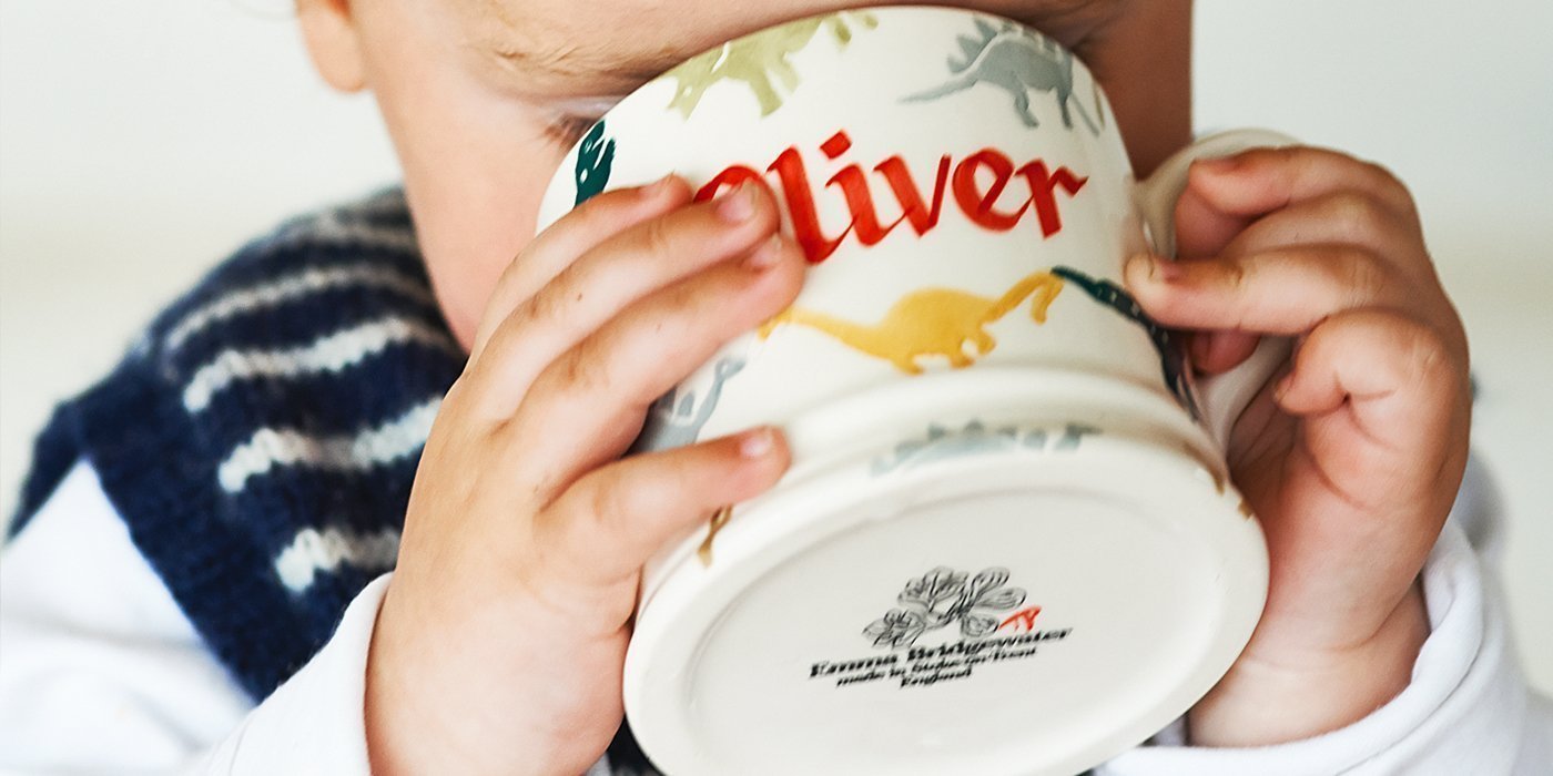 Children's Personalised mugs handpainted with your little boy or little girl's name and favorite design by Emma Bridgewater. Great gift idea for a christening or birthday. 