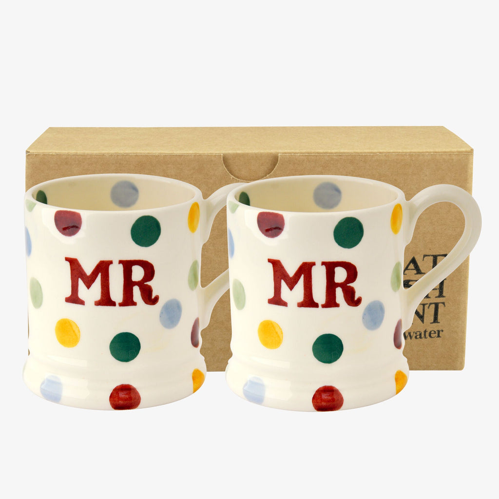 Polka Dot 'Mr & Mr' Set of 2 1/2 Pint Mugs Boxed