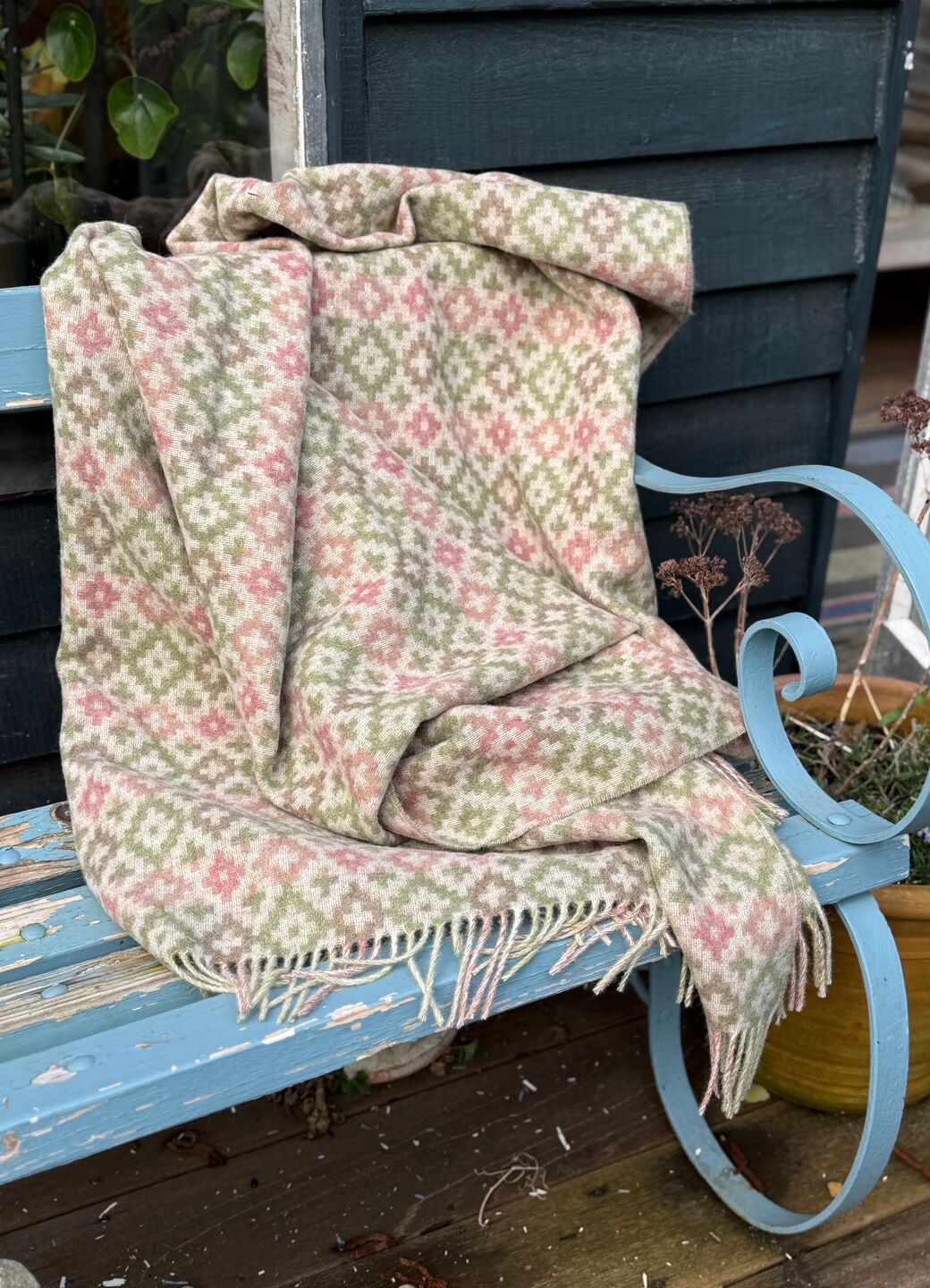 Pink & Green Patterned Wool Throw 140cm X 185cm