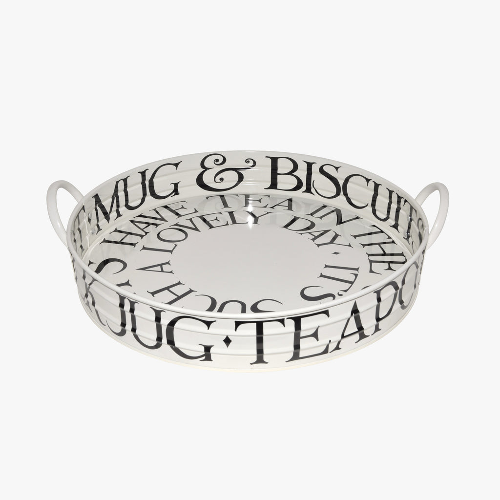 Emma Bridgewater Black Toast Large Handled Tin Tray - made from steel and featuring a white finish. Find black letterings imprinted on the side of the tray, perfect for teapots, biscuits, mugs and more.