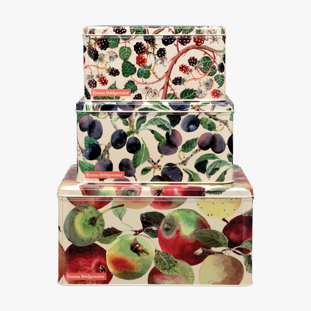Emma Bridgewater Vegetable Garden Apples Set of 3 Square Cake Tins - modern style cake tins made from stainless steel featuring a wide variety of fruits such as apples and berries with a green, blue, red and beige colourway. 