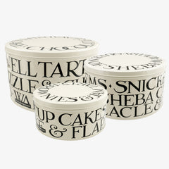 Emma Bridgewater set of 3 Round Cake Tins - made from Steel featuring a minimalistic black toast design with messages printed on it in a black and cream colourway. These tins could accommodate different types of cakes, flapjacks, tarts, biscuits and other pastries.