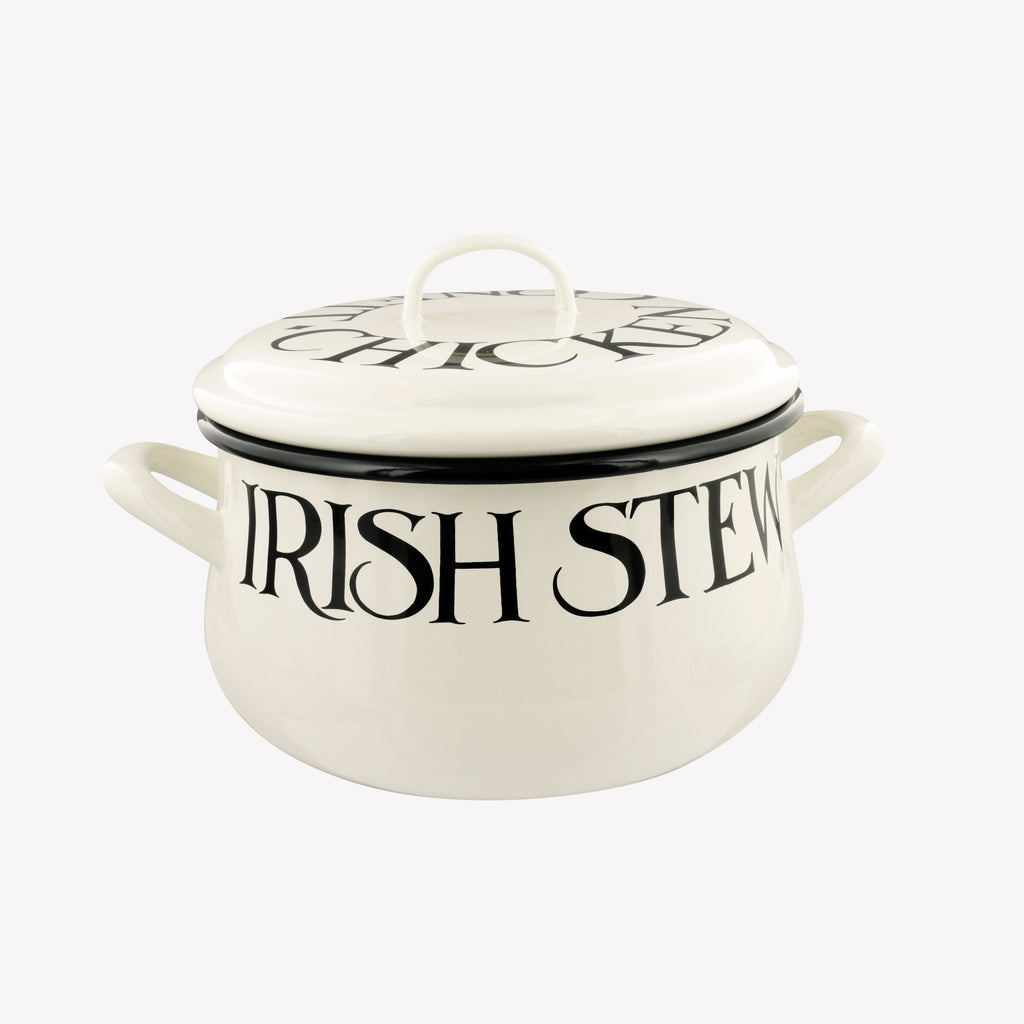 Emma Bridgewater Black Toast Medium Cooking Pot made from Enamel - featuring a minimalistic look and black letterings imprinted on the outside of the cream coloured pot. Comes with a durable pot lid and handles.