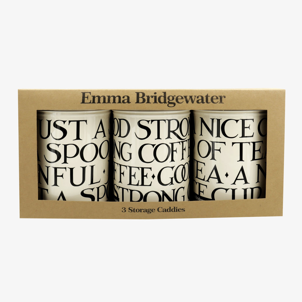 Emma Bridgewater Black Toast Set of 3 Round Tin Caddies Boxed - made from tin and featuring a minimalistic cream background with black letterings imprinted on the storage caddies.