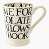 Emma Bridgewater Black Toast All Over Hot Cocoa Mug - English style, vintage, ceramic cocoa mug hand decorated with letterings spelling "HURRAY! TIME FOR HOT CHOCOLATE MARSHMALLOWS & A GOOD BOOK." on  the outside and "HOT CHOCOLATE" on the inside. Perfect gift for hot chocolate lovers as a birthday gift or Christmas.
