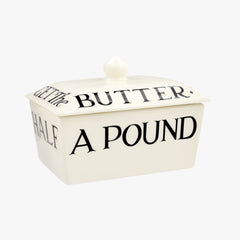 Emma Bridgewater Black Toast Small Butter Dish - Half a pound, minimalist style, rectangular, ceramic butter dish with lid. Hand decorated with black letterings spelling "Half A POUND of BEST BUTTER." on the outside and "DON't LET THE CAT GET The BUTTER" on the lid.