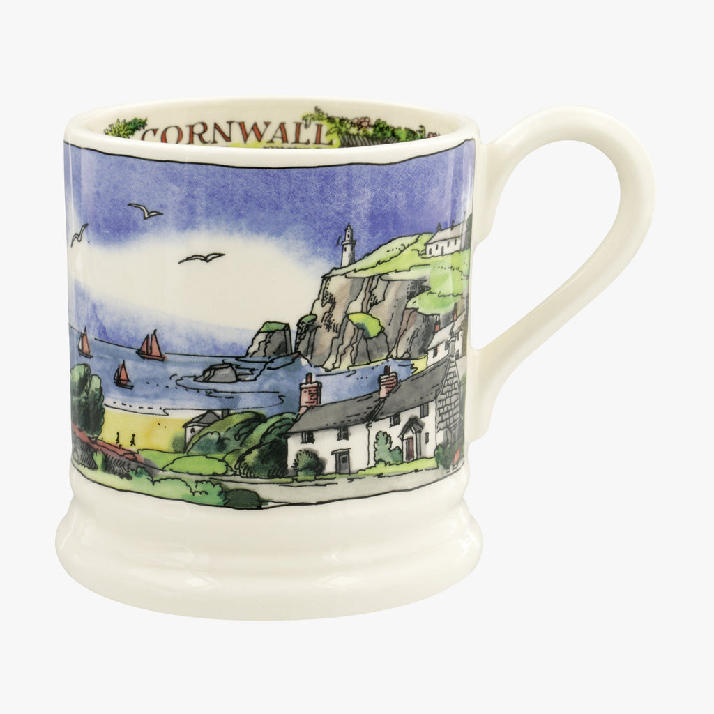 Emma Bridgewater ceramic 1/2 Pint Mug - Made from earthenware featuring a scenic design of the Cornwall Beach with a hand painted watercolour painting style. Decorated with a landscape of cliffs, the seaside, birds and country houses.