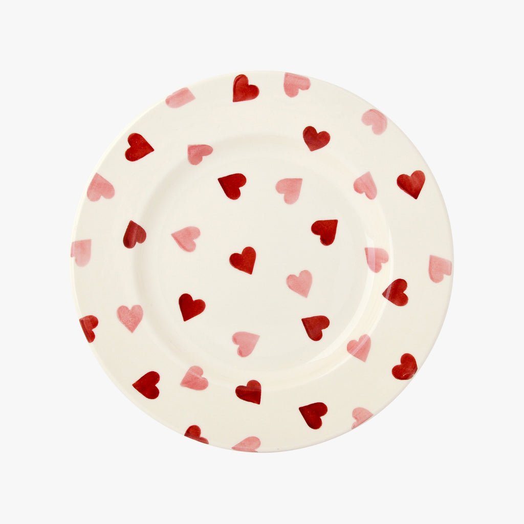Emma Bridgewater Pink Hearts 8 1/2" Plate - microwave and dishwasher safe, 8 and a half inch round cream coloured plate with hand painted pink hearts pattern. Adds a lovely touch to your table setting.