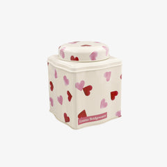 Emma Bridgewater Dome Lid Curved Tin Caddy - made from steel this Tin Caddy brings out the best in people with its pink and red coloured sponge hearts designs around the air-tight caddy. Perfect for coffee beans to tea bags.