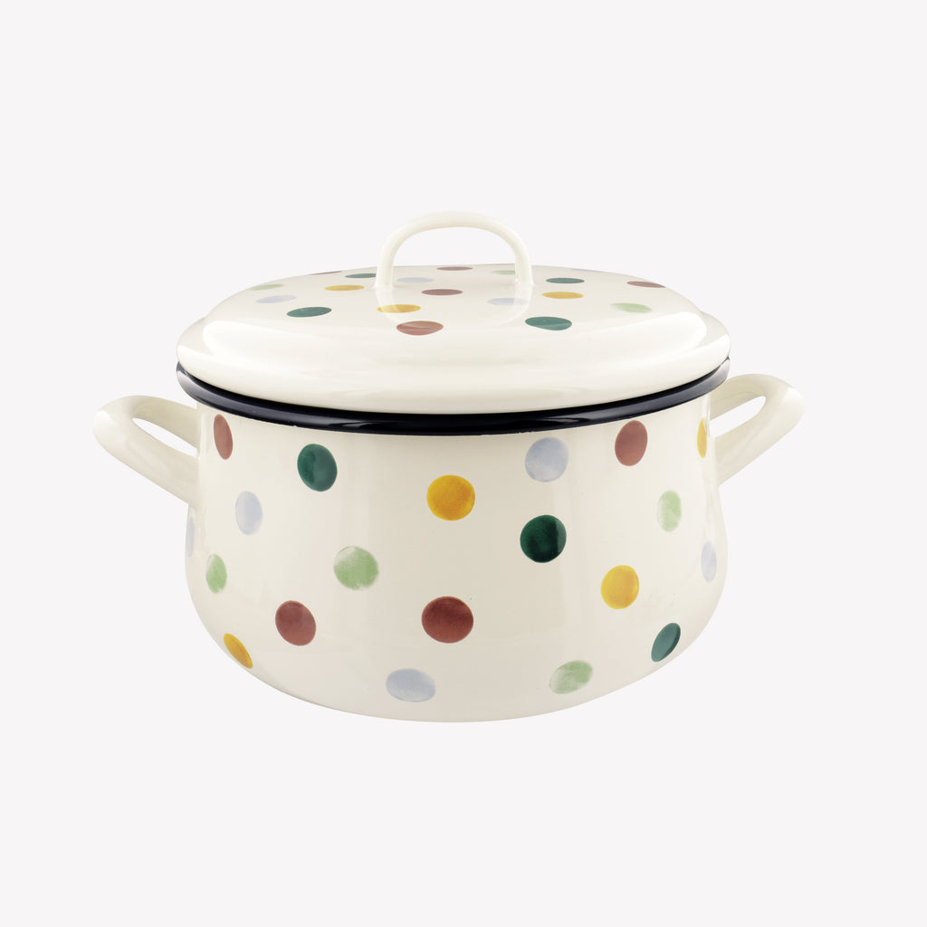 Emma Bridgewater Enamel Cooking Pot - This hand painted colourful polka dot cooking pot with handles is made from enamel featuring an elegant finish in white and added a dazzle of colourful spots to make it more cheerful in the kitchen.