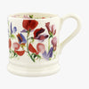 Emma Bridgewater ceramic 1/2 Pint Mug - Elegant white mug made from earthenware featuring hand painted bright red and violet coloured sweet pea flowers and text on the inside of the mug that would look good on an afternoon coffee or tea. 
