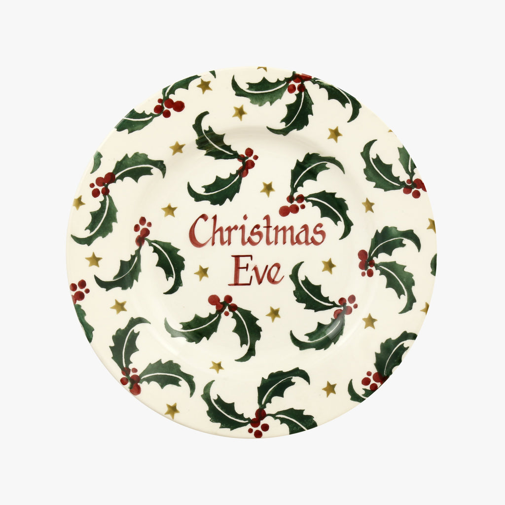 Emma Bridgewater Personalised Christmas Holly With Star 8 1/2 Inch Plate. A round dinner plate with Christmas holly plant and Christmas star pattern. Personalise with your own Christmas message.