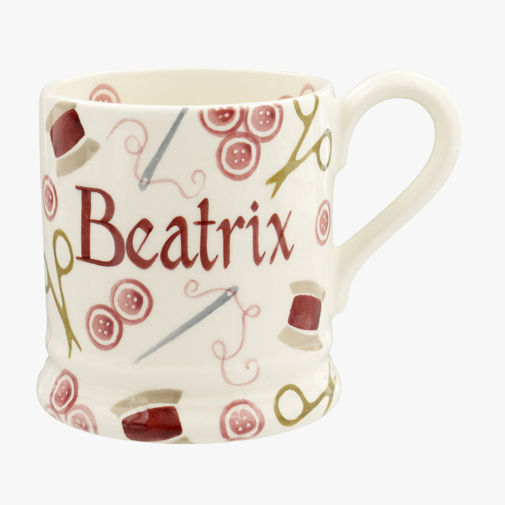 Emma Bridgewater ceramic 1/2 Pint Mug made from earthenware. Featuring personalised and hand painted designs for your love in crafting. Great gift for sewing bees, fashion designers and dress makers.