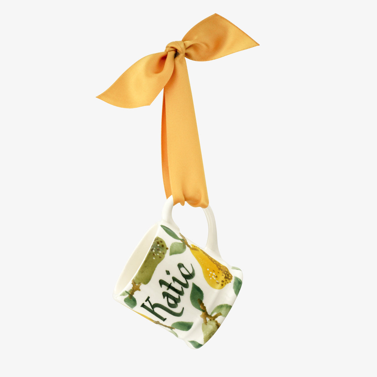 Emma Bridgewater Personalised Pear Tree Tiny Mug. Mini ceramic mug with customised name, decorated with handpainted pear pattern in colours green and yellow.