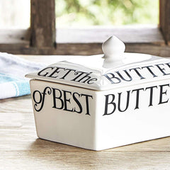 Emma Bridgewater Small Butter Dish. Ceramic earthenware dish in cream with black lettering. Store your butter at room temperature in our beautifully handcrafted dish.